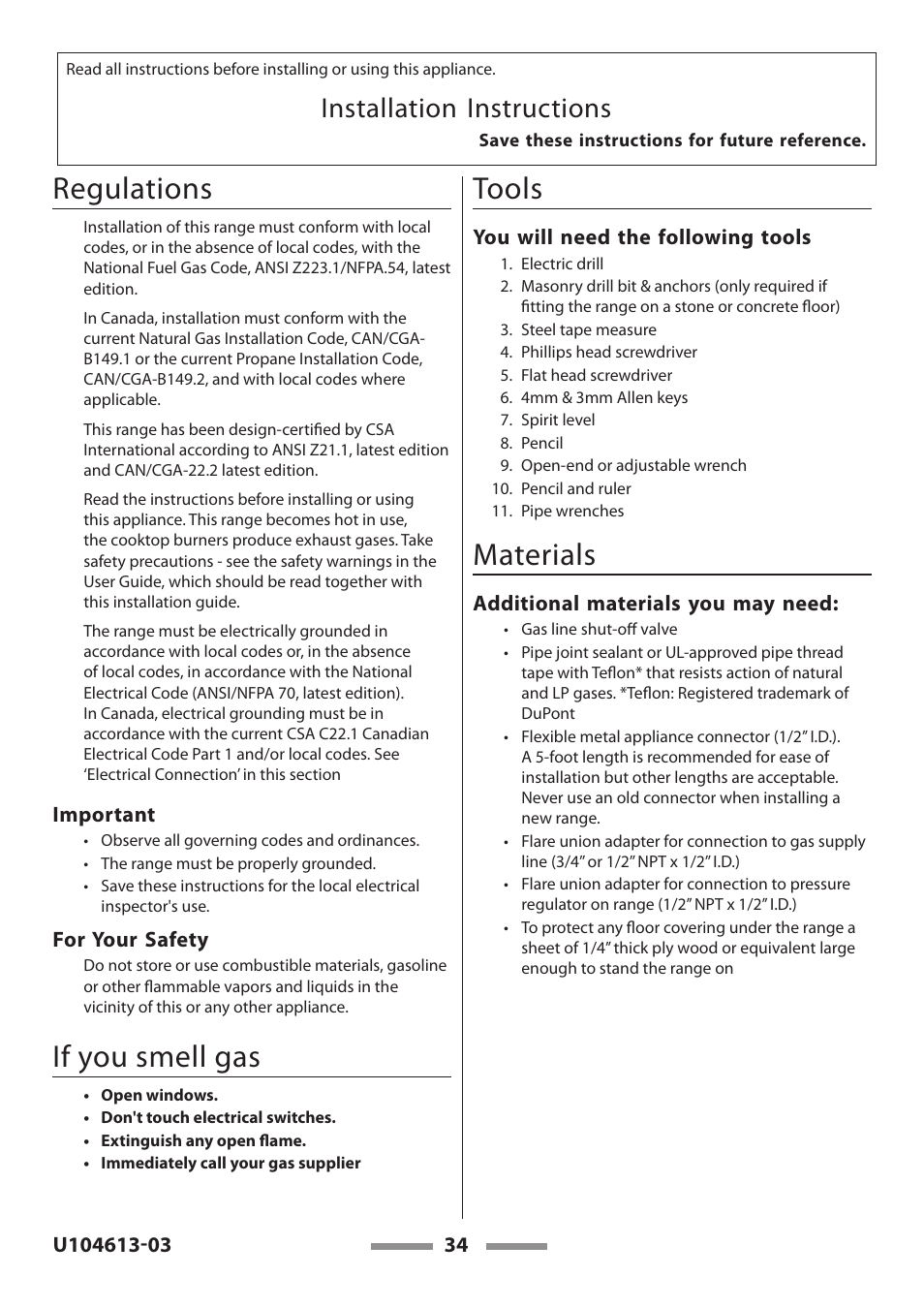 Regulations, If you smell gas, Tools | Materials, Installation instructions | Aga Ranges LEGACY 36 U104613-03 User Manual | Page 34 / 56