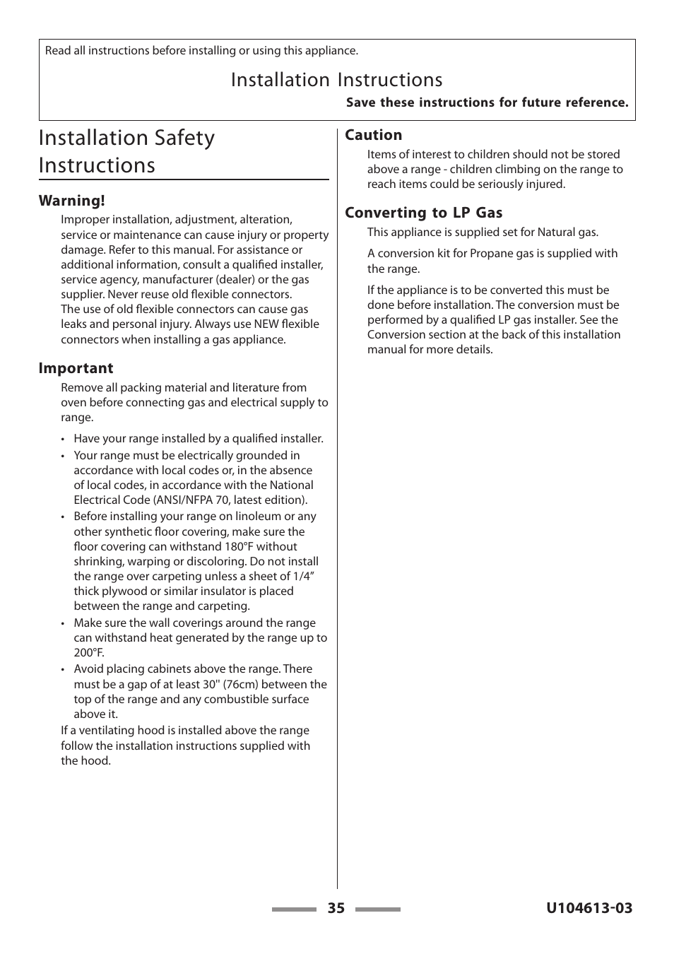 Installation safety instructions, Installation instructions | Aga Ranges LEGACY 36 U104613-03 User Manual | Page 35 / 56