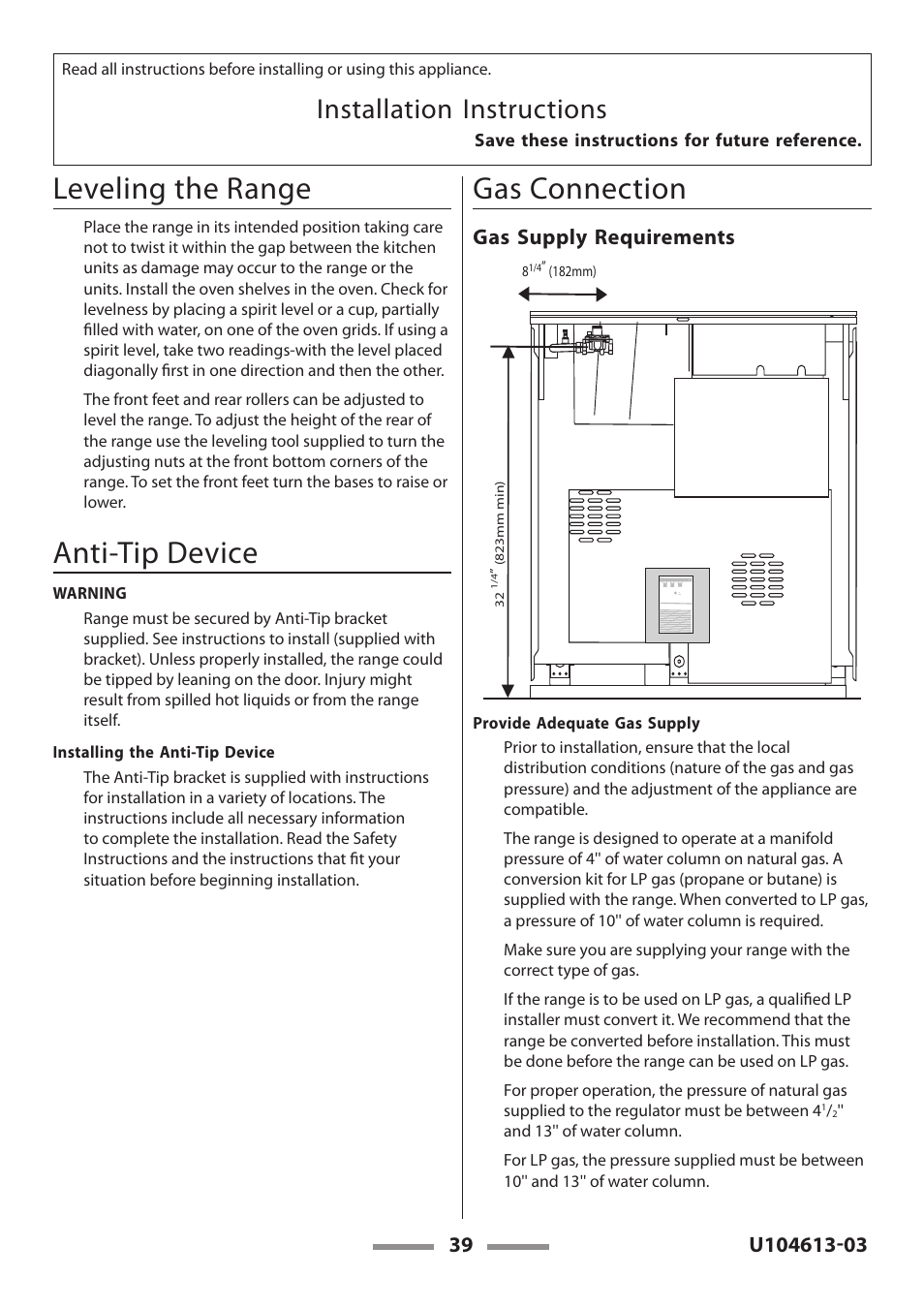 Leveling the range, Anti-tip device, Gas connection | Installation instructions, Gas supply requirements | Aga Ranges LEGACY 36 U104613-03 User Manual | Page 39 / 56