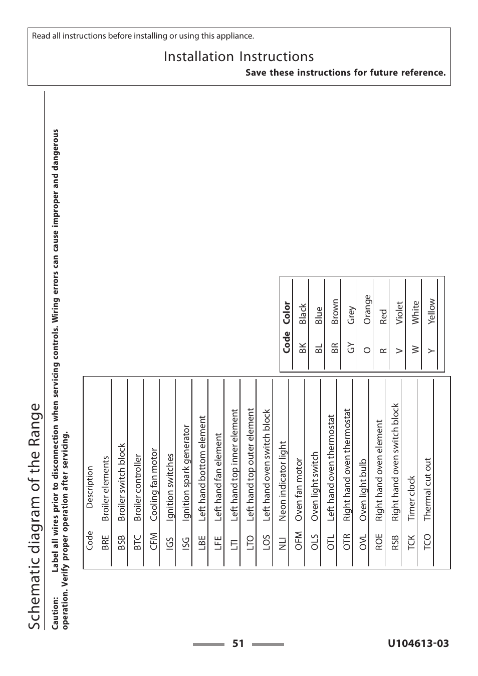 Schematic diagram of the range, Installation instructions | Aga Ranges LEGACY 36 U104613-03 User Manual | Page 51 / 56