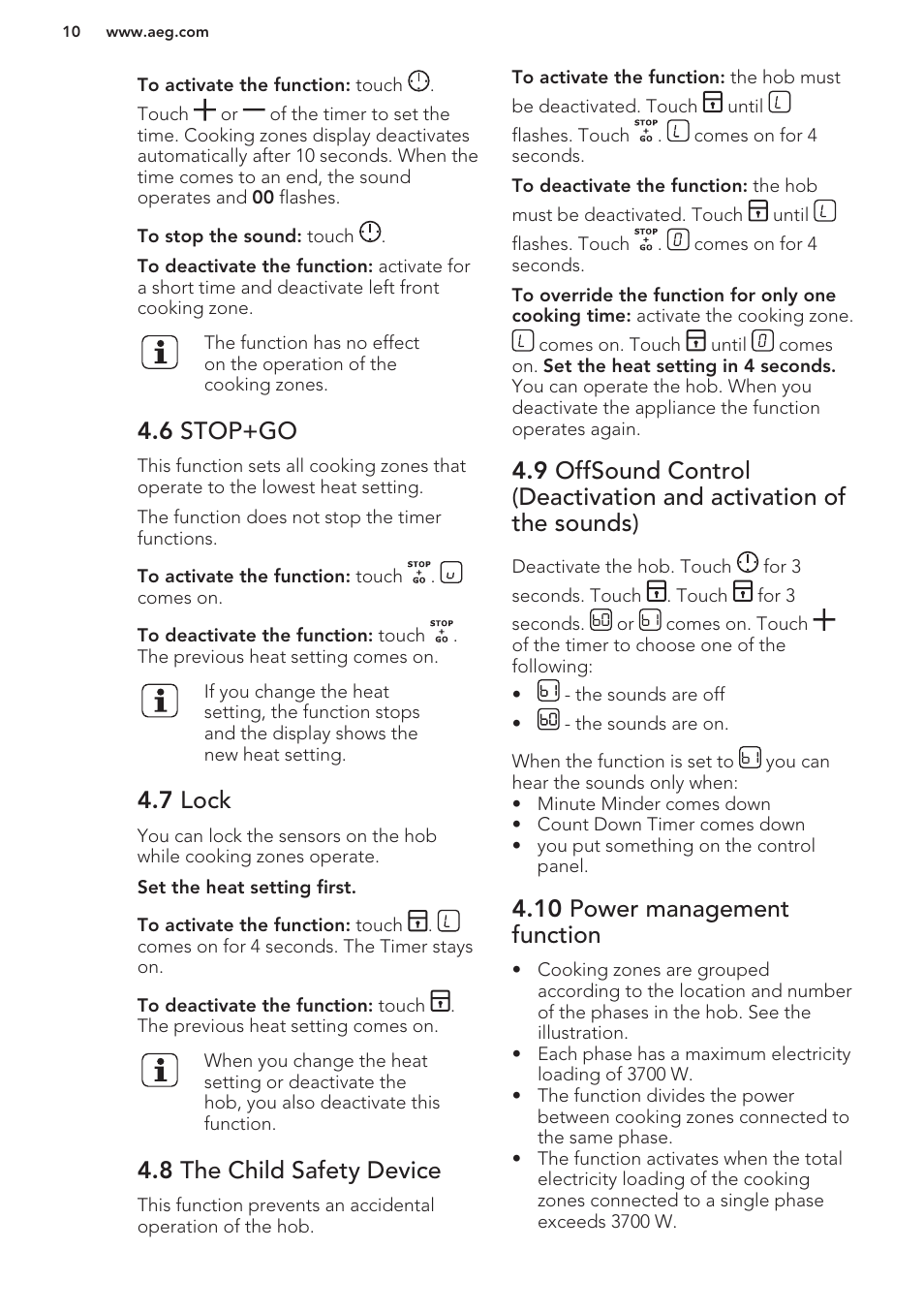 6 stop+go, 7 lock, 8 the child safety device | 10 power management function | AEG HC652600EB User Manual | Page 10 / 56