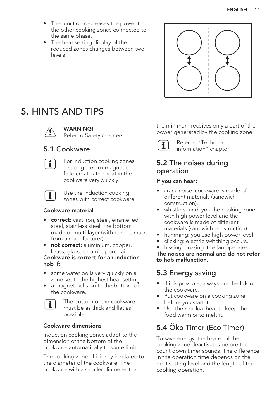 Hints and tips, 1 cookware, 2 the noises during operation | 3 energy saving, 4 öko timer (eco timer) | AEG HC652600EB User Manual | Page 11 / 56