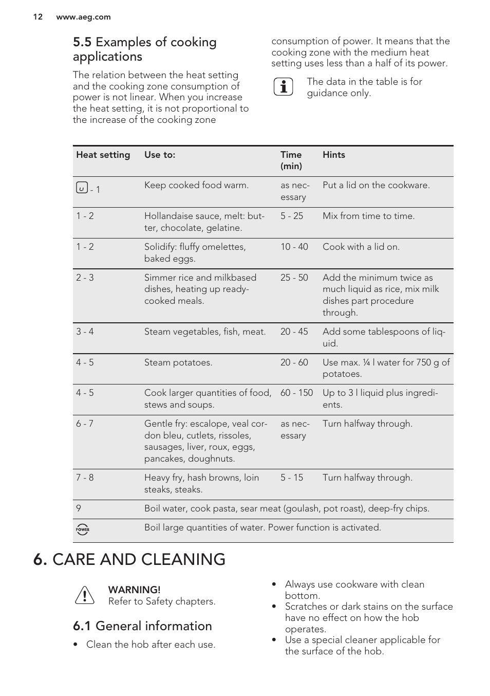 5 examples of cooking applications, Care and cleaning, 1 general information | AEG HC652600EB User Manual | Page 12 / 56