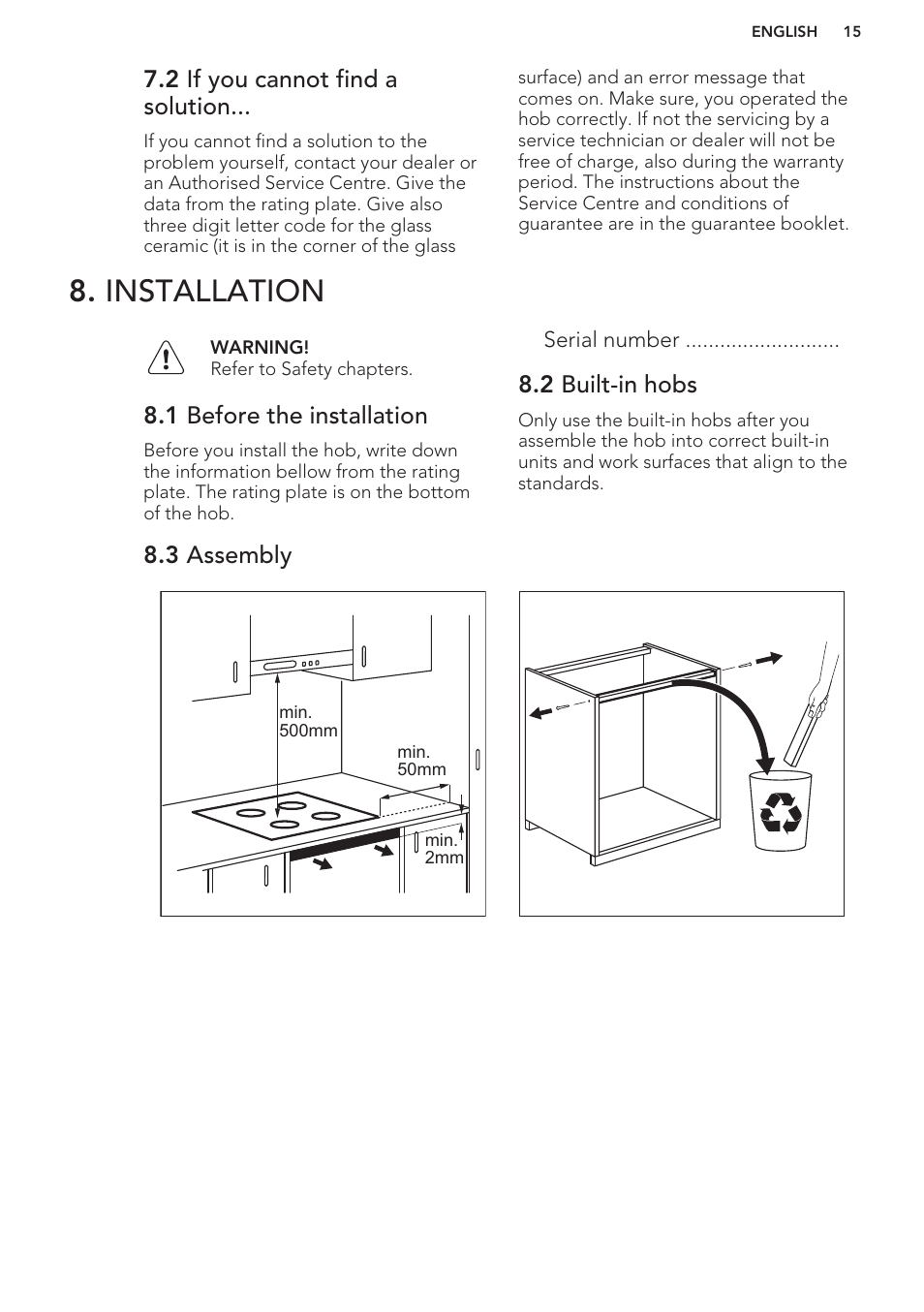 2 if you cannot find a solution, Installation, 1 before the installation | 2 built-in hobs, 3 assembly | AEG HC652600EB User Manual | Page 15 / 56