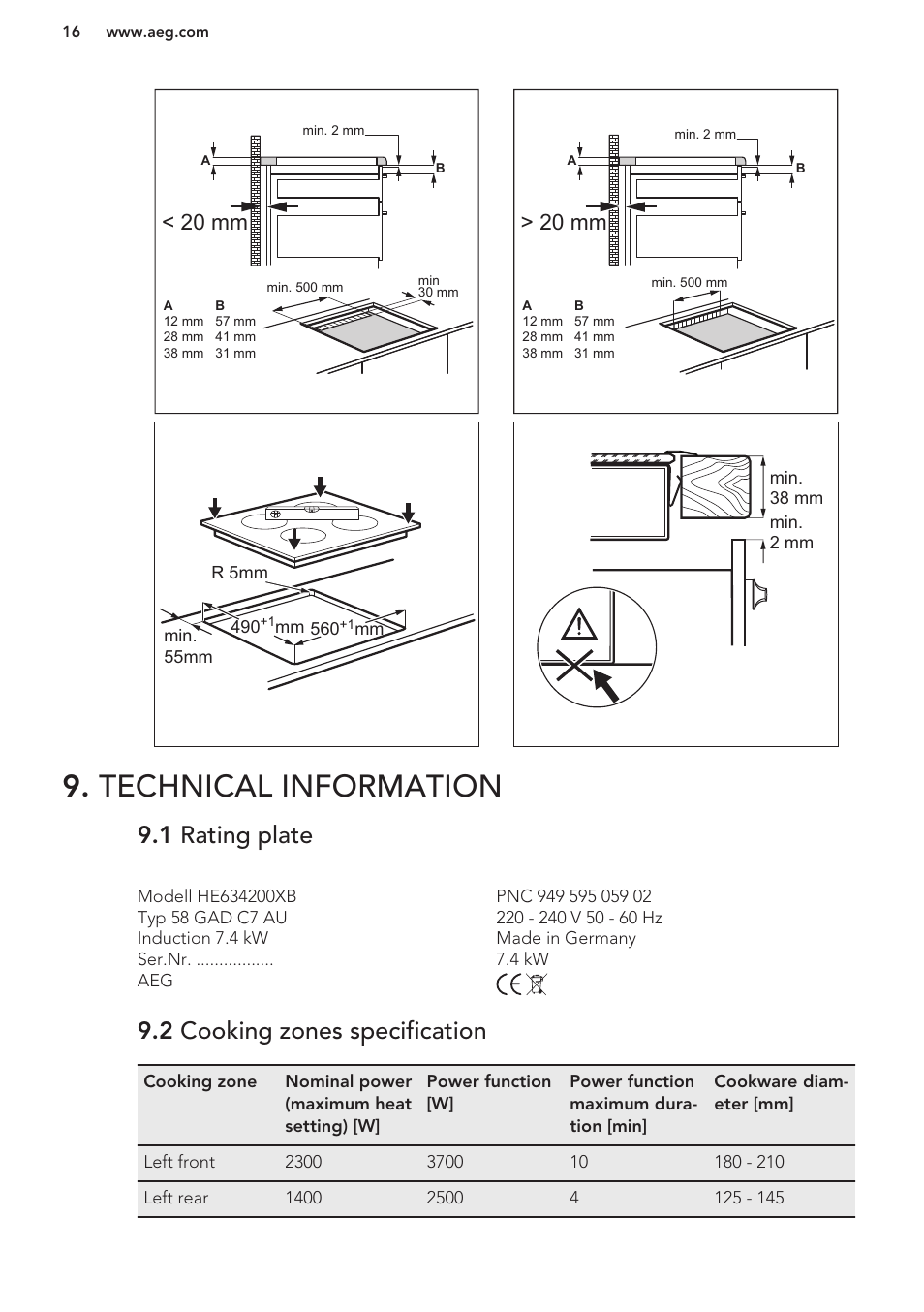 Technical information, 1 rating plate, 2 cooking zones specification | 20 mm > 20 mm | AEG HC652600EB User Manual | Page 16 / 56