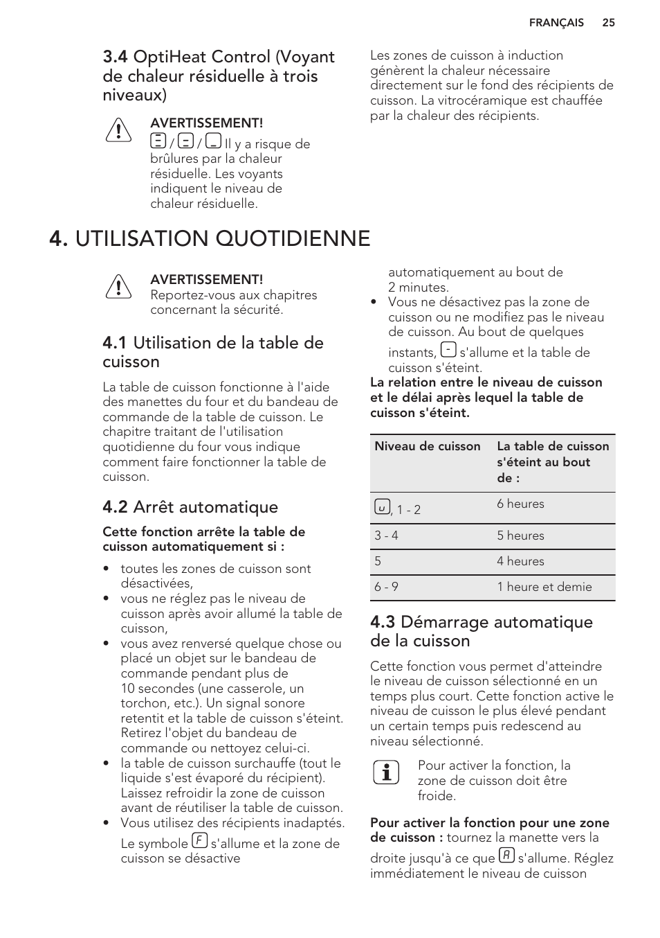 Utilisation quotidienne, 1 utilisation de la table de cuisson, 2 arrêt automatique | 3 démarrage automatique de la cuisson | AEG HC652600EB User Manual | Page 25 / 56