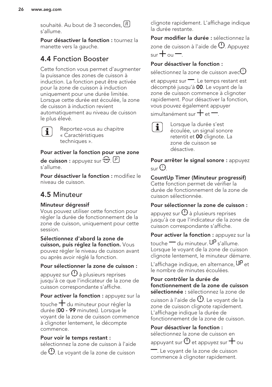 4 fonction booster, 5 minuteur | AEG HC652600EB User Manual | Page 26 / 56