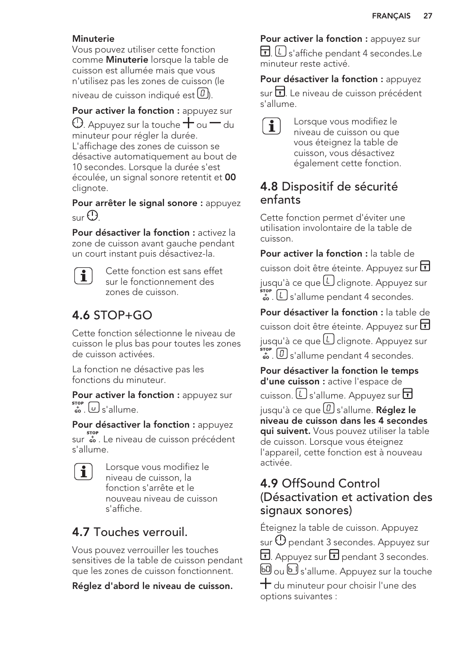 6 stop+go, 7 touches verrouil, 8 dispositif de sécurité enfants | AEG HC652600EB User Manual | Page 27 / 56