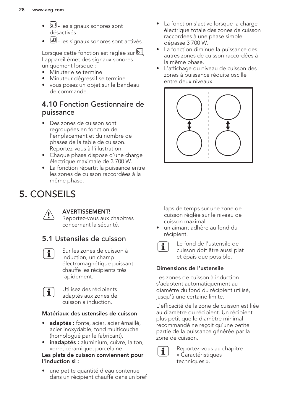 10 fonction gestionnaire de puissance, Conseils, 1 ustensiles de cuisson | AEG HC652600EB User Manual | Page 28 / 56