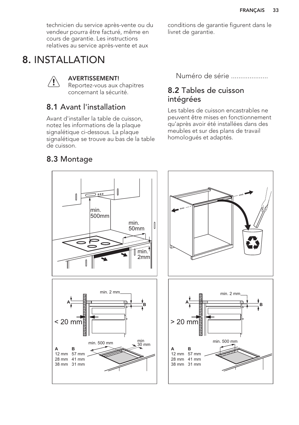 Installation, 1 avant l'installation, 2 tables de cuisson intégrées | 3 montage, Numéro de série, 20 mm > 20 mm | AEG HC652600EB User Manual | Page 33 / 56