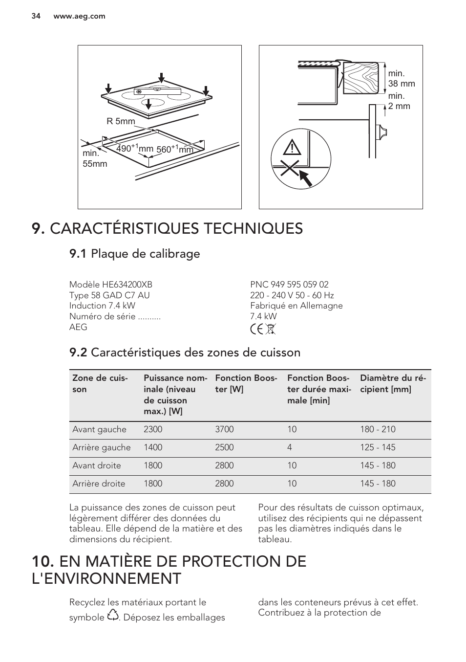 Caractéristiques techniques, 1 plaque de calibrage, 2 caractéristiques des zones de cuisson | En matière de protection de l'environnement | AEG HC652600EB User Manual | Page 34 / 56