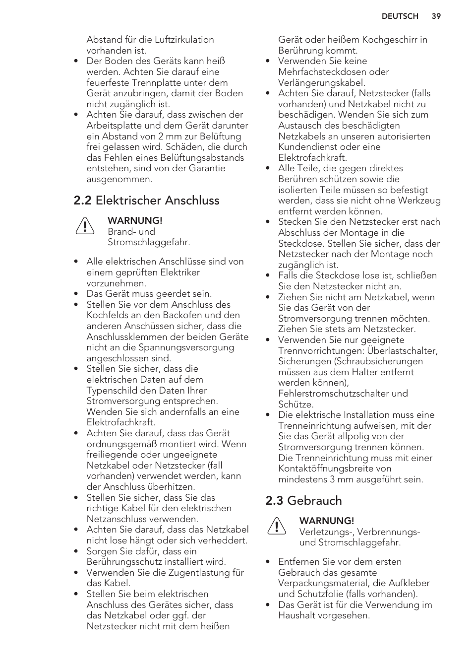 2 elektrischer anschluss, 3 gebrauch | AEG HC652600EB User Manual | Page 39 / 56