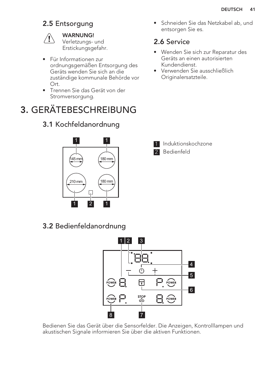 5 entsorgung, 6 service, Gerätebeschreibung | 1 kochfeldanordnung, 2 bedienfeldanordnung | AEG HC652600EB User Manual | Page 41 / 56