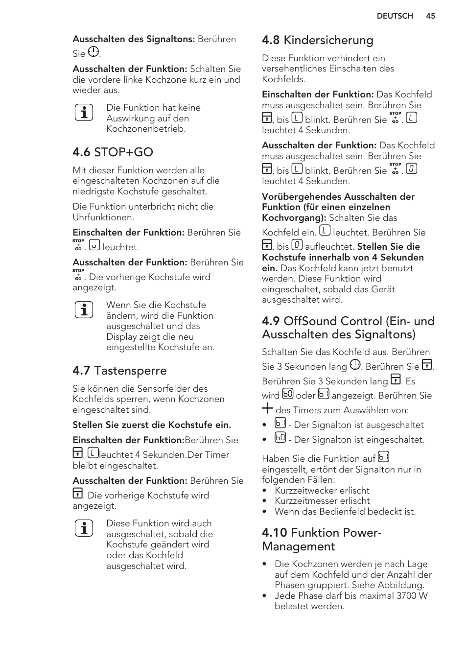 6 stop+go, 7 tastensperre, 8 kindersicherung | 10 funktion power-management, 10 funktion power- management | AEG HC652600EB User Manual | Page 45 / 56