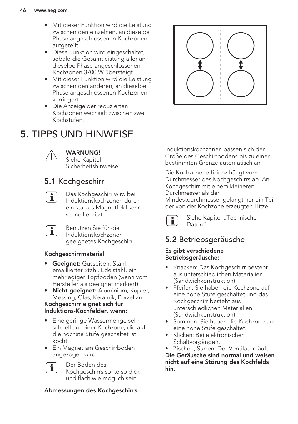 Tipps und hinweise, 1 kochgeschirr, 2 betriebsgeräusche | AEG HC652600EB User Manual | Page 46 / 56