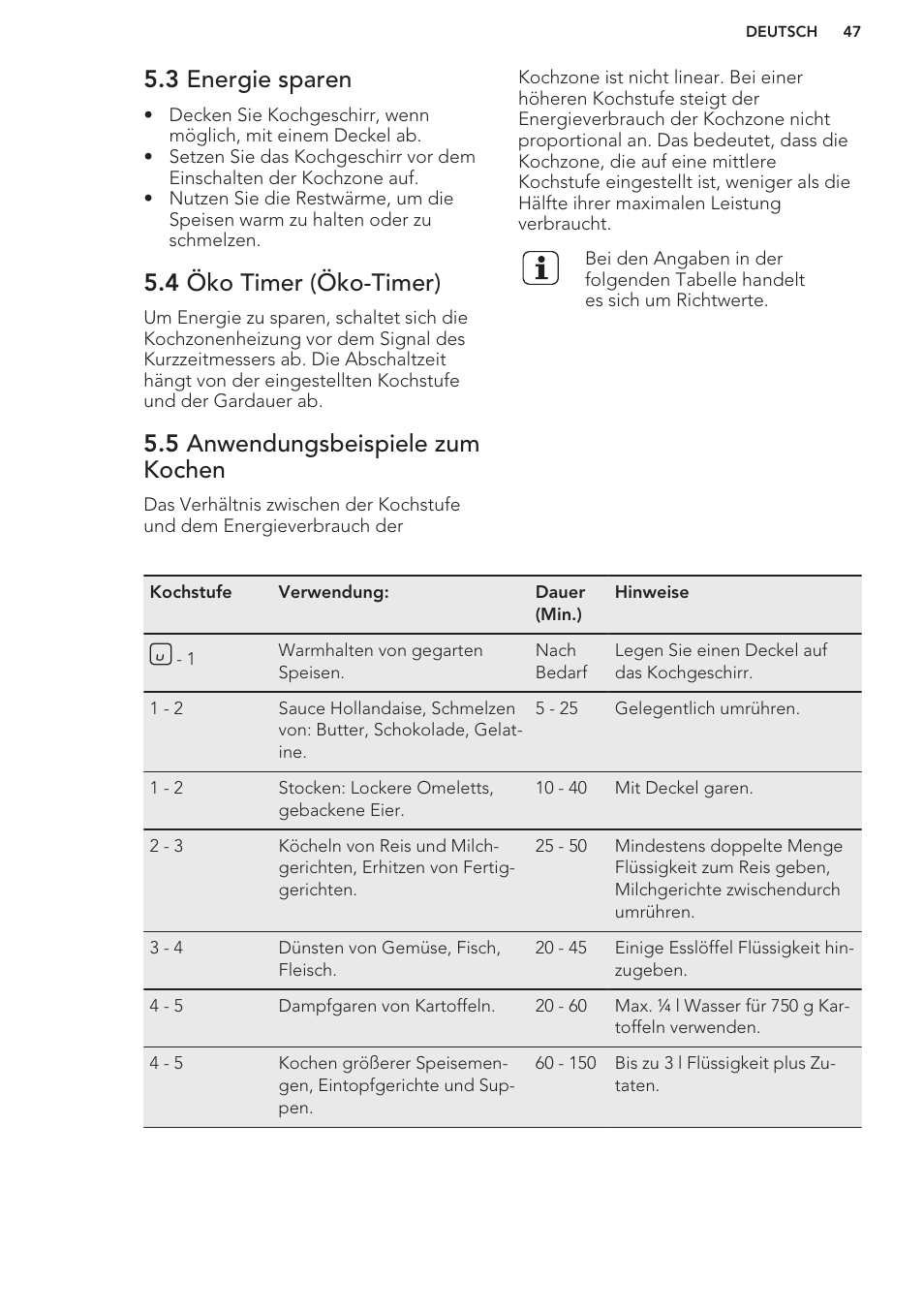 3 energie sparen, 4 öko timer (öko-timer), 5 anwendungsbeispiele zum kochen | AEG HC652600EB User Manual | Page 47 / 56