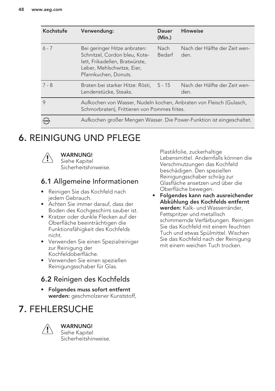 Reinigung und pflege, 1 allgemeine informationen, 2 reinigen des kochfelds | Fehlersuche, Reinigung und pflege 7. fehlersuche | AEG HC652600EB User Manual | Page 48 / 56