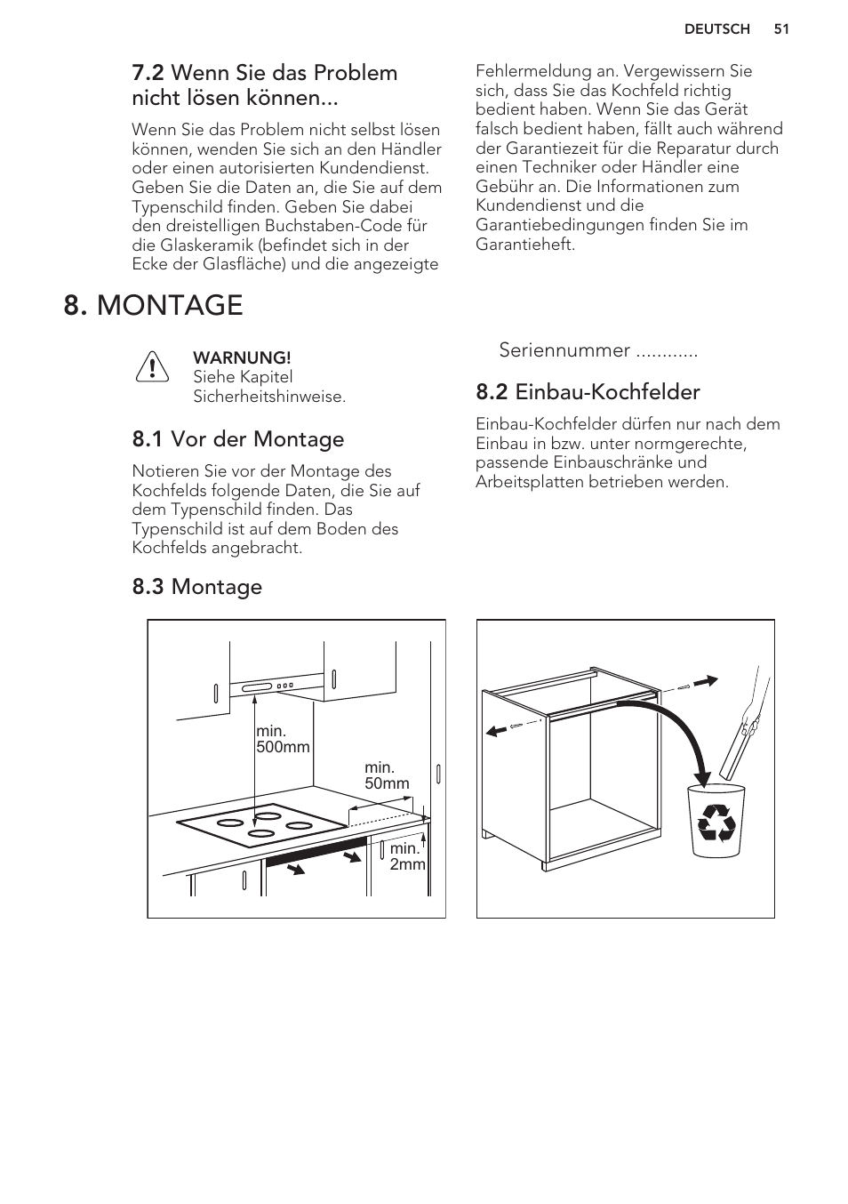 2 wenn sie das problem nicht lösen können, Montage, 1 vor der montage | 2 einbau-kochfelder, 3 montage | AEG HC652600EB User Manual | Page 51 / 56