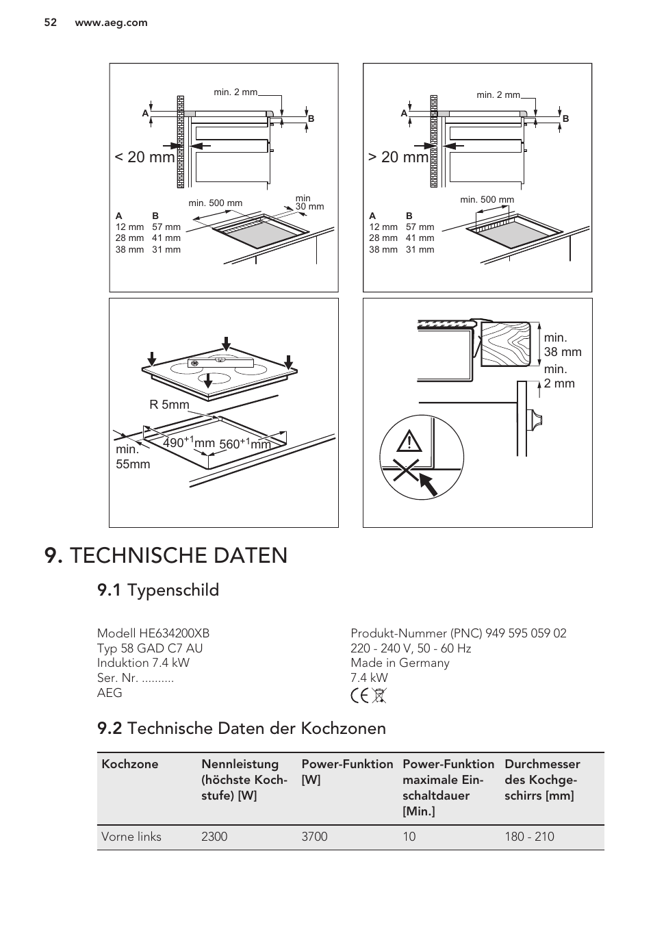 Technische daten, 1 typenschild, 2 technische daten der kochzonen | 20 mm > 20 mm | AEG HC652600EB User Manual | Page 52 / 56