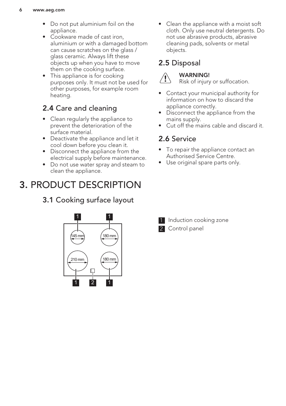 4 care and cleaning, 5 disposal, 6 service | Product description, 1 cooking surface layout | AEG HC652600EB User Manual | Page 6 / 56