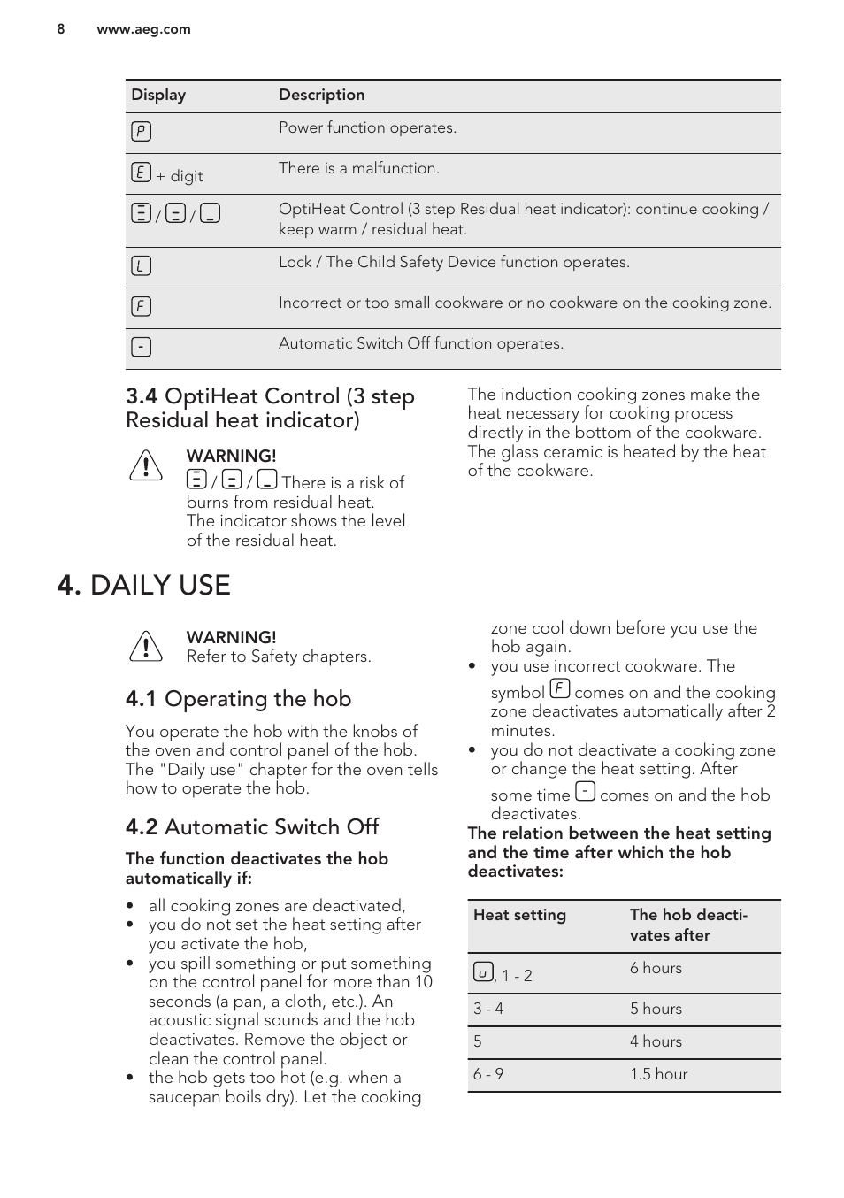 Daily use, 1 operating the hob, 2 automatic switch off | AEG HC652600EB User Manual | Page 8 / 56