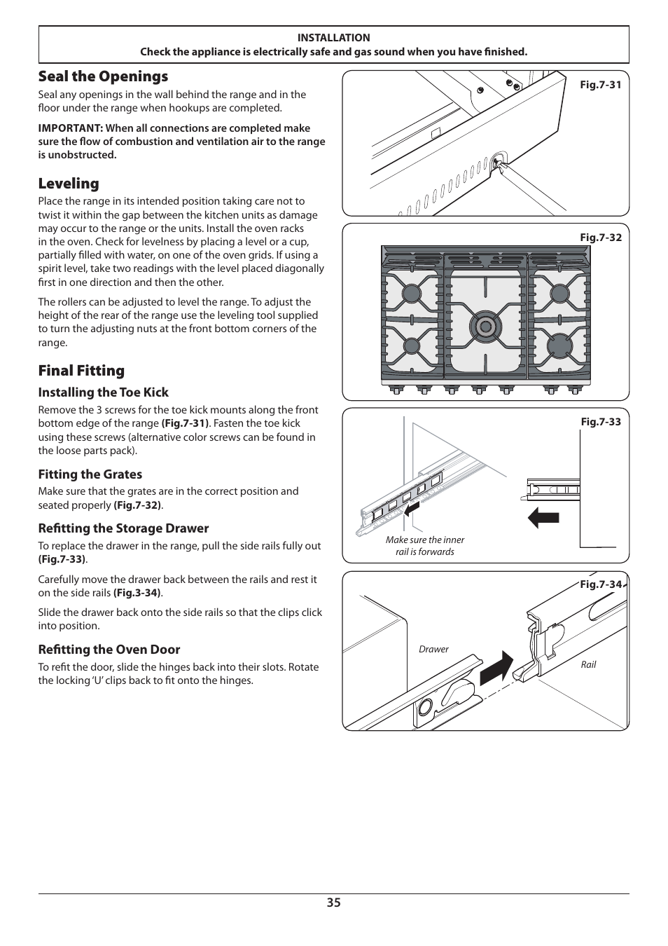 Seal the openings, Leveling, Final fitting | Aga Ranges Pro+ Dual Fuel U110054 User Manual | Page 37 / 48