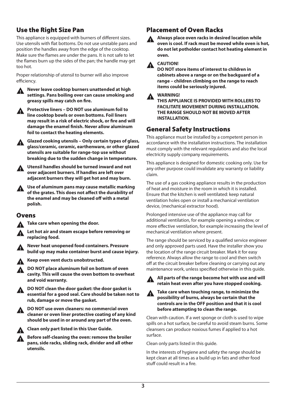 Use the right size pan, Ovens, Placement of oven racks | General safety instructions | Aga Ranges Pro+ Dual Fuel U110054 User Manual | Page 5 / 48