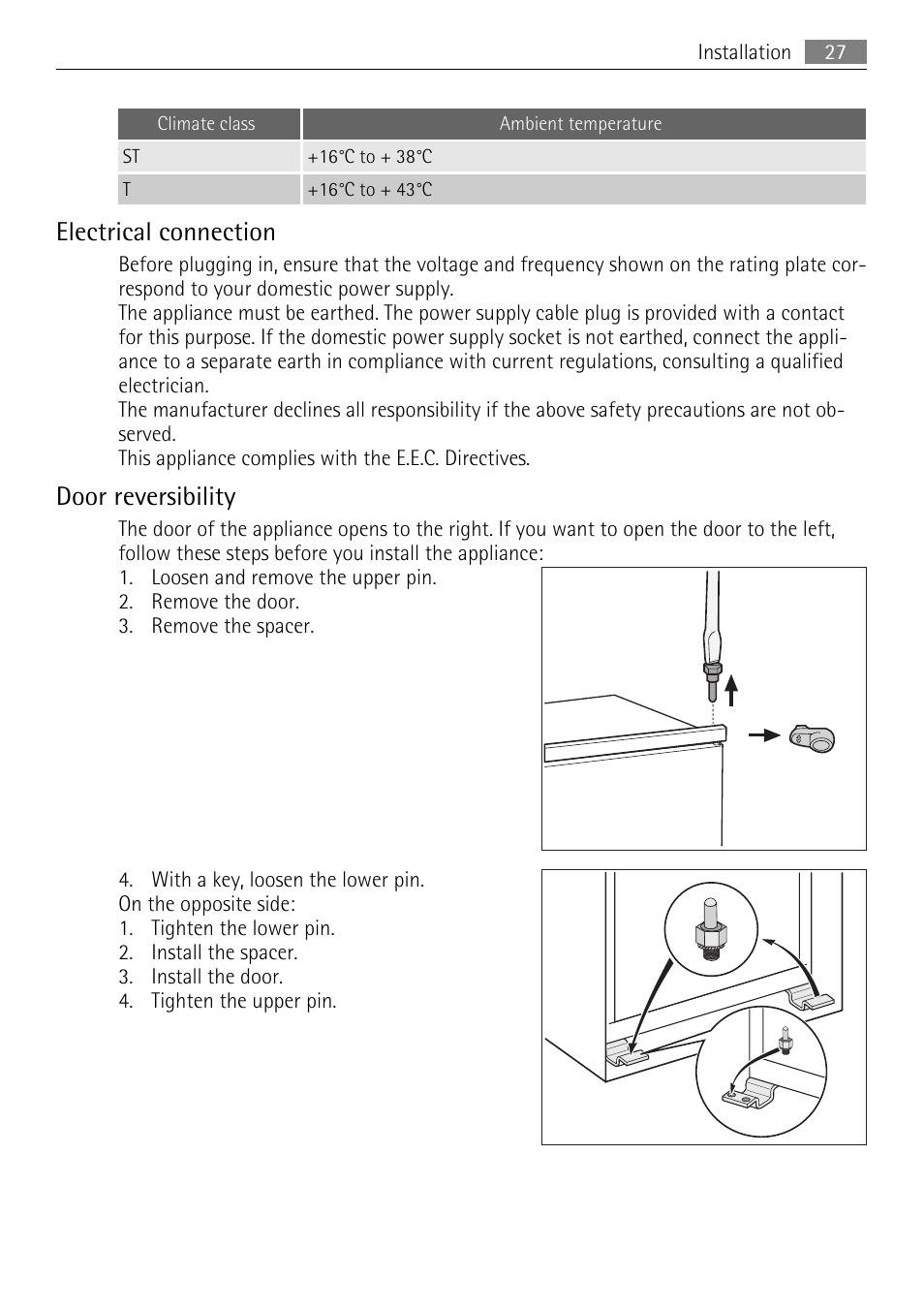 Electrical connection, Door reversibility | AEG SKD81840S1 User Manual | Page 27 / 84