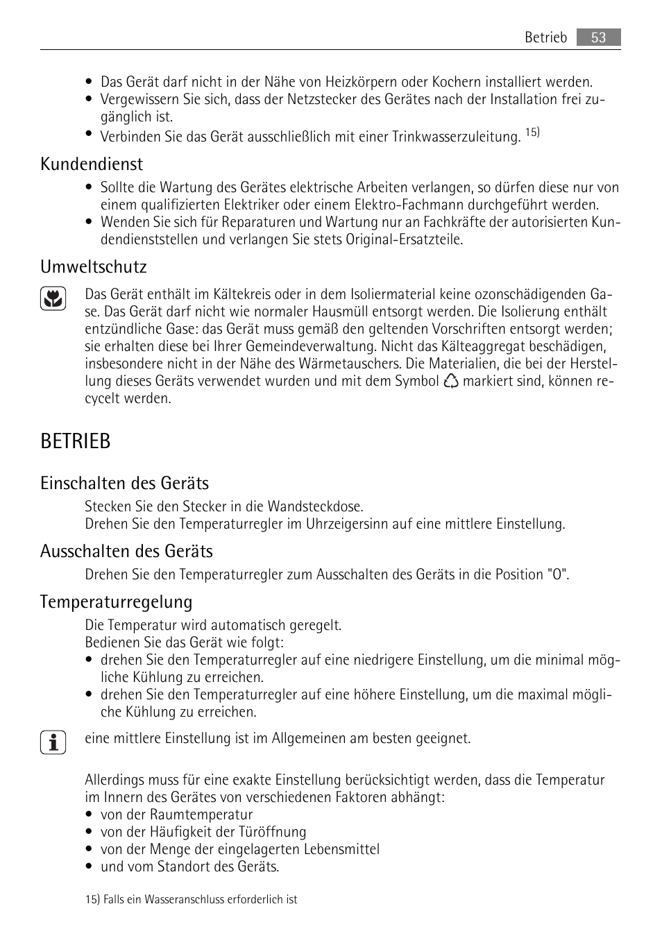 Betrieb, Kundendienst, Umweltschutz | Einschalten des geräts, Ausschalten des geräts, Temperaturregelung | AEG SKD81840S1 User Manual | Page 53 / 84