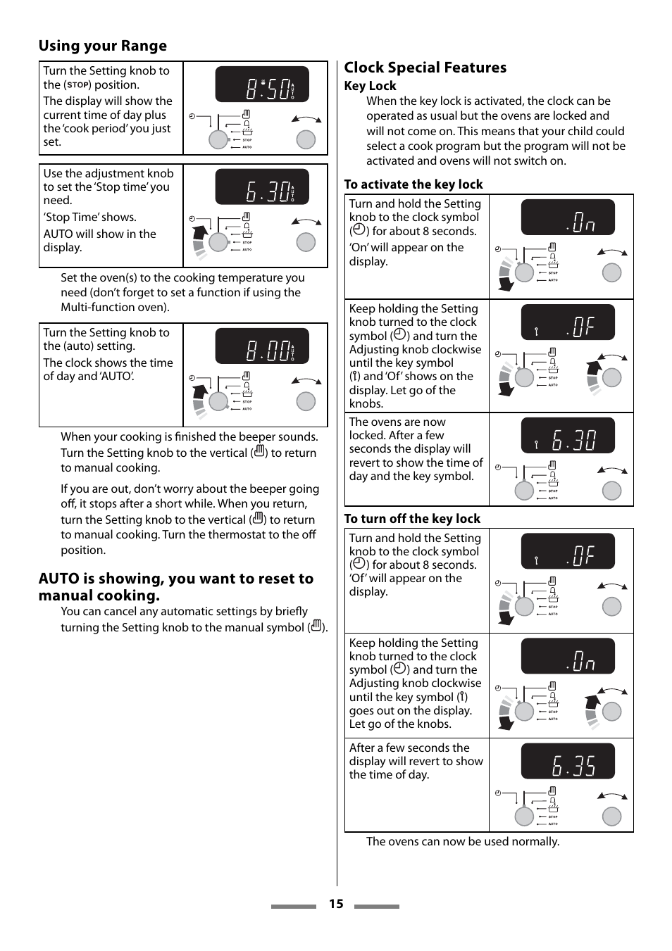 Using your range, Clock special features | Aga Ranges Legacy 44 User Manual | Page 15 / 48