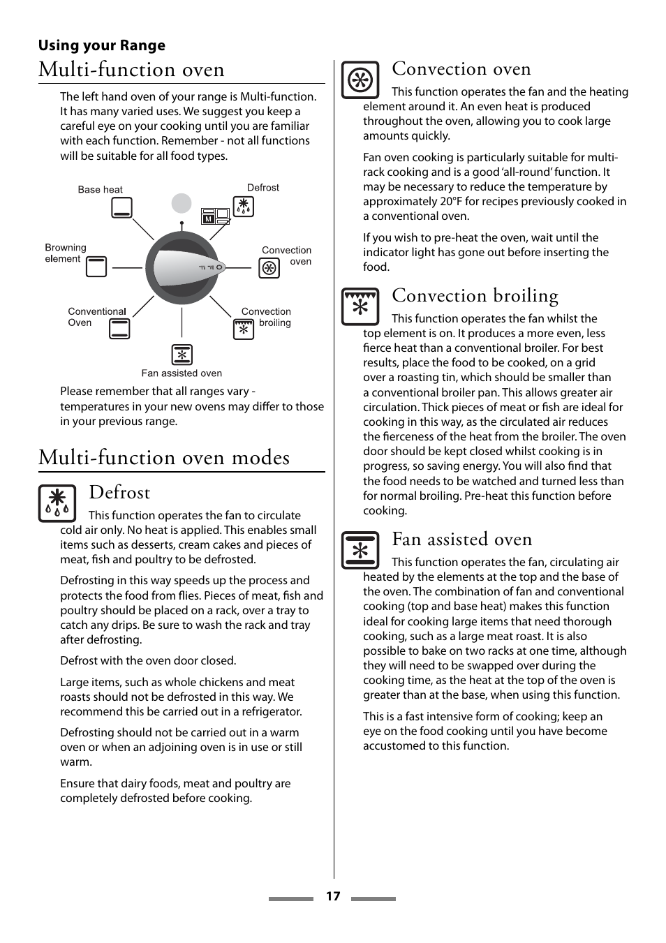Multi-function oven, Multi-function oven modes | Aga Ranges Legacy 44 User Manual | Page 17 / 48