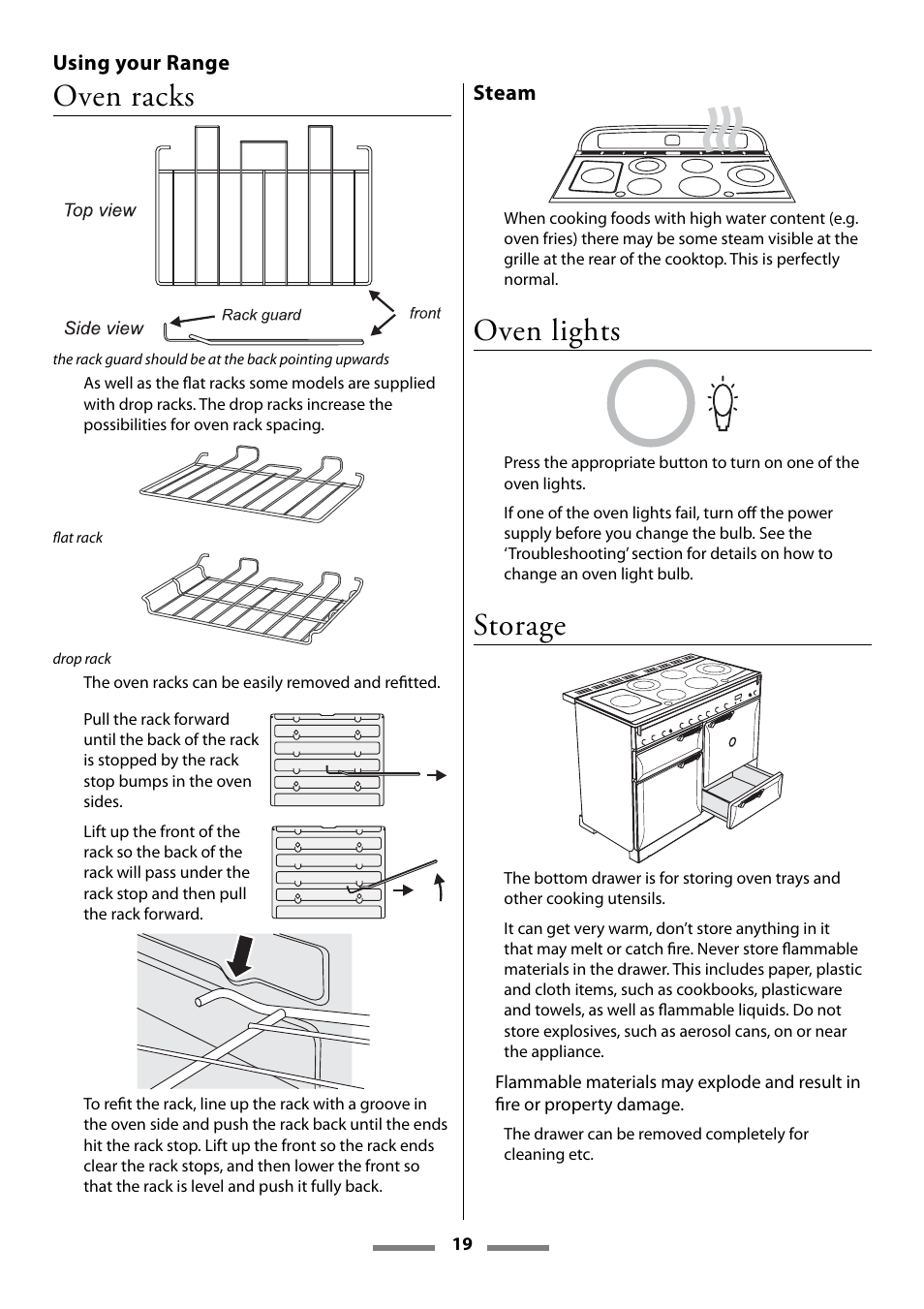 Oven racks, Oven lights, Storage | Aga Ranges Legacy 44 User Manual | Page 19 / 48