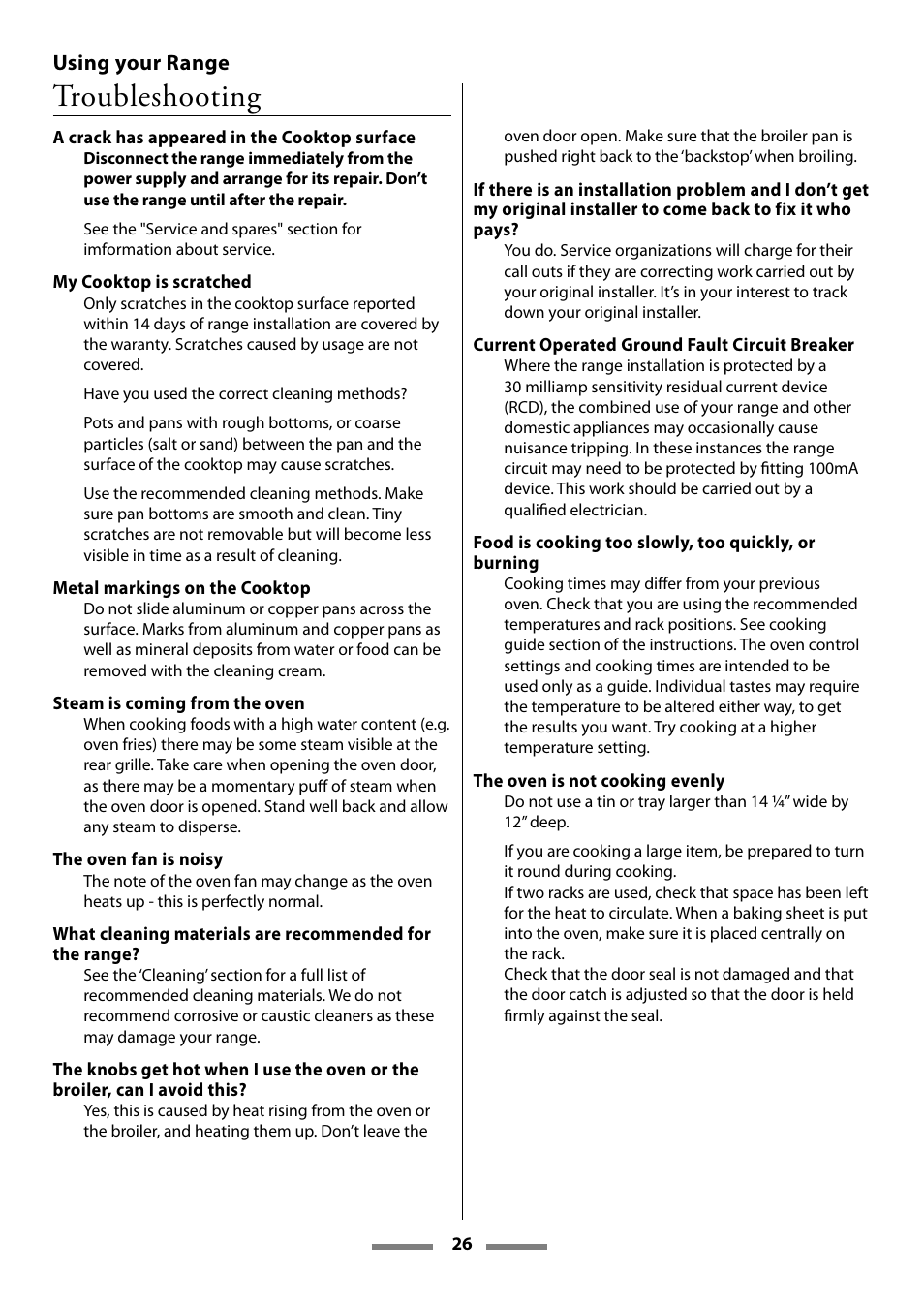 Troubleshooting, Using your range | Aga Ranges Legacy 44 User Manual | Page 26 / 48