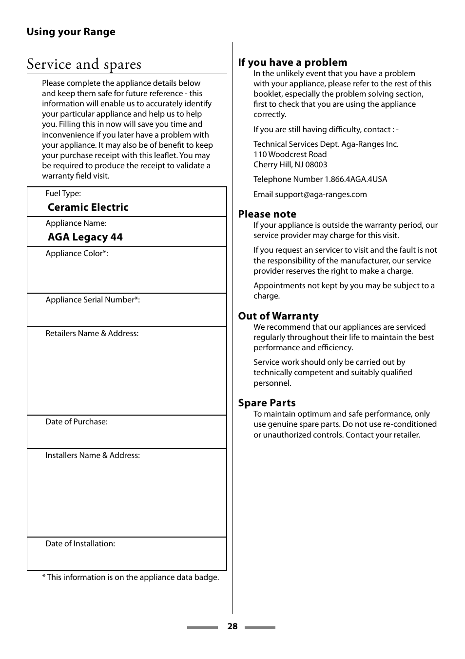 Service and spares | Aga Ranges Legacy 44 User Manual | Page 28 / 48