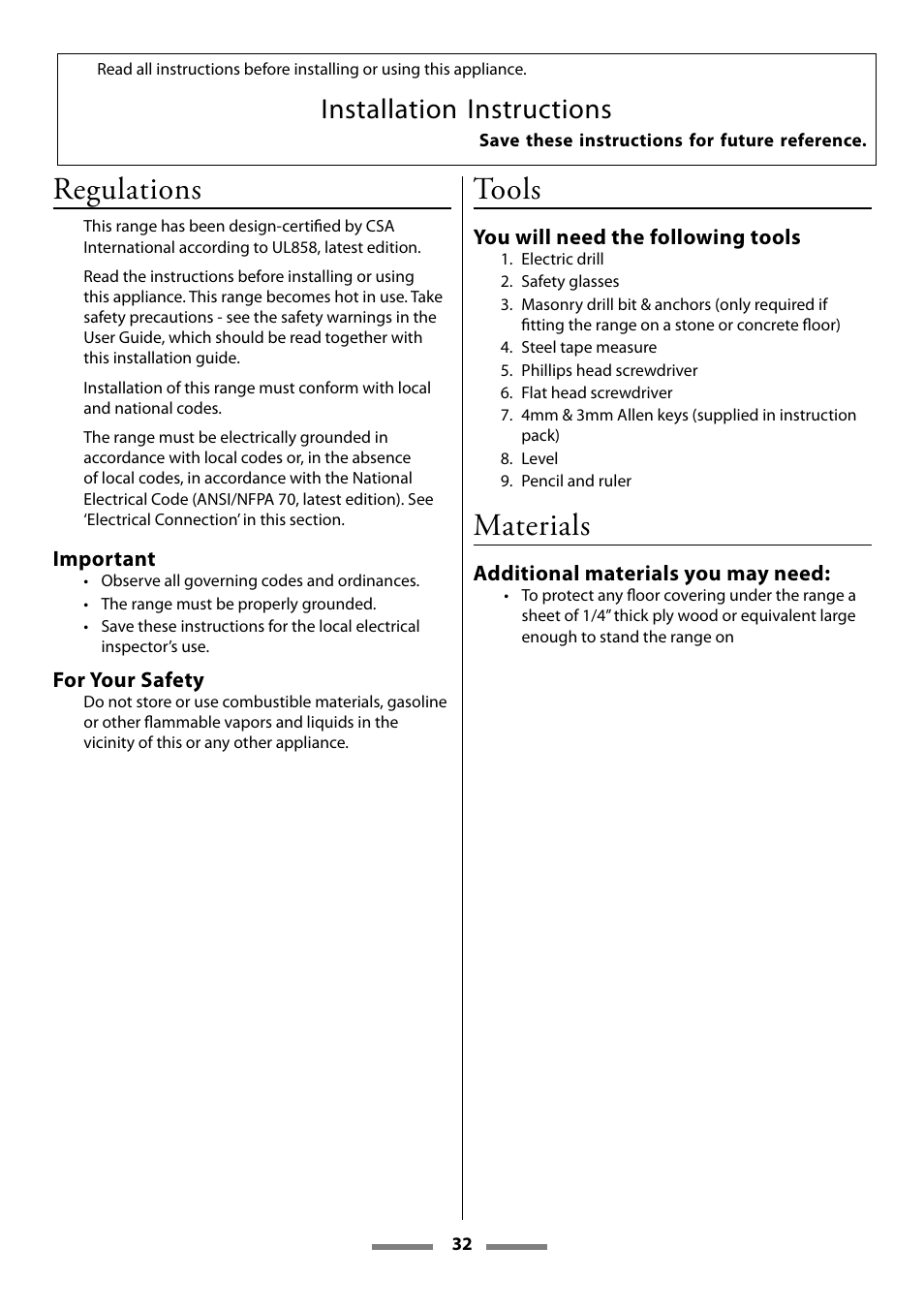 Regulations, Tools, Materials | Installation instructions | Aga Ranges Legacy 44 User Manual | Page 32 / 48