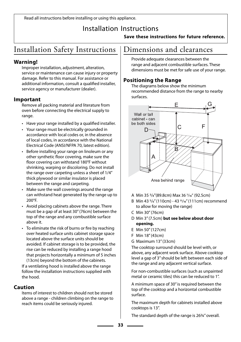 Installation safety instructions, Dimensions and clearances, Installation instructions | Aga Ranges Legacy 44 User Manual | Page 33 / 48