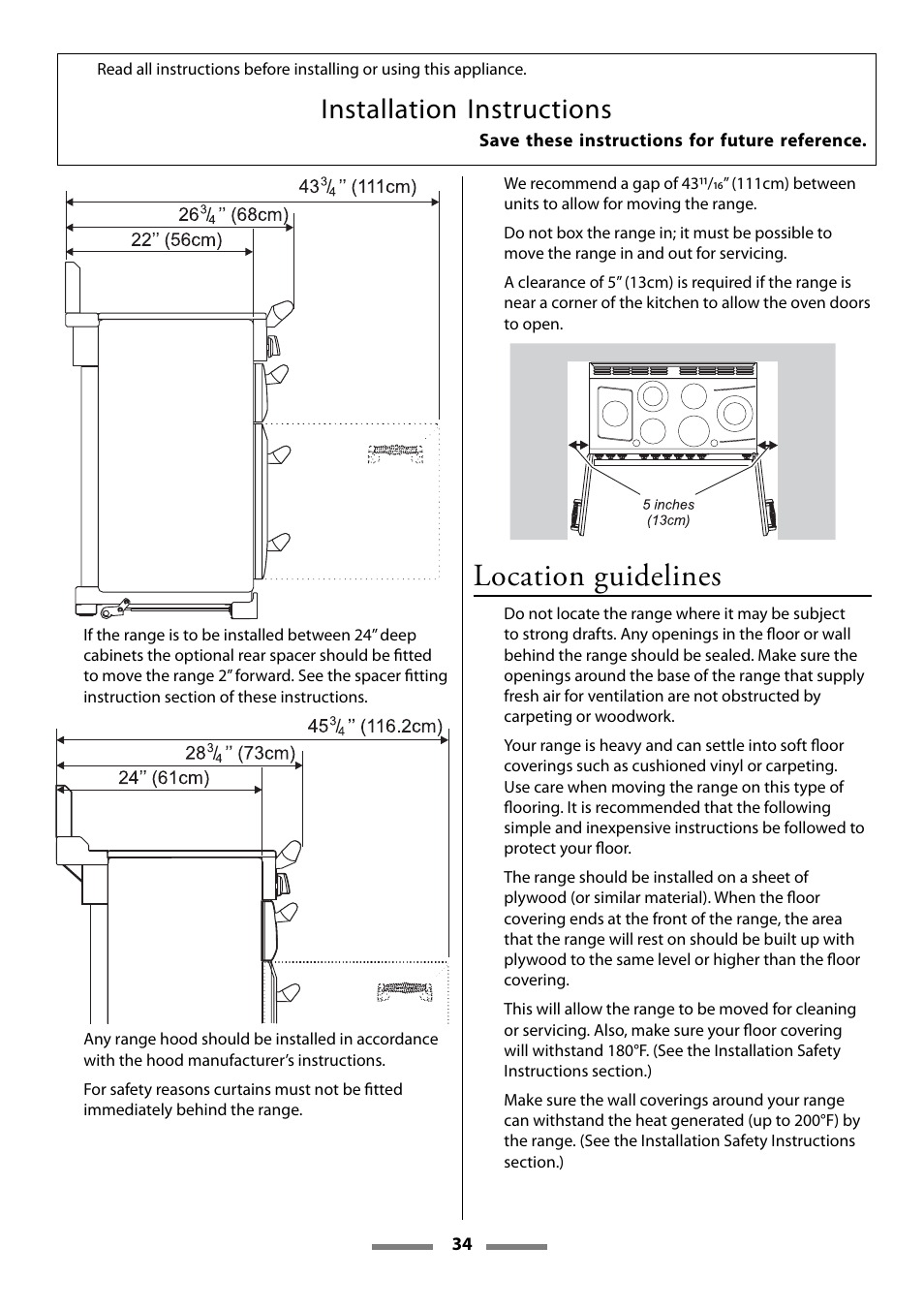 Location guidelines, Installation instructions | Aga Ranges Legacy 44 User Manual | Page 34 / 48