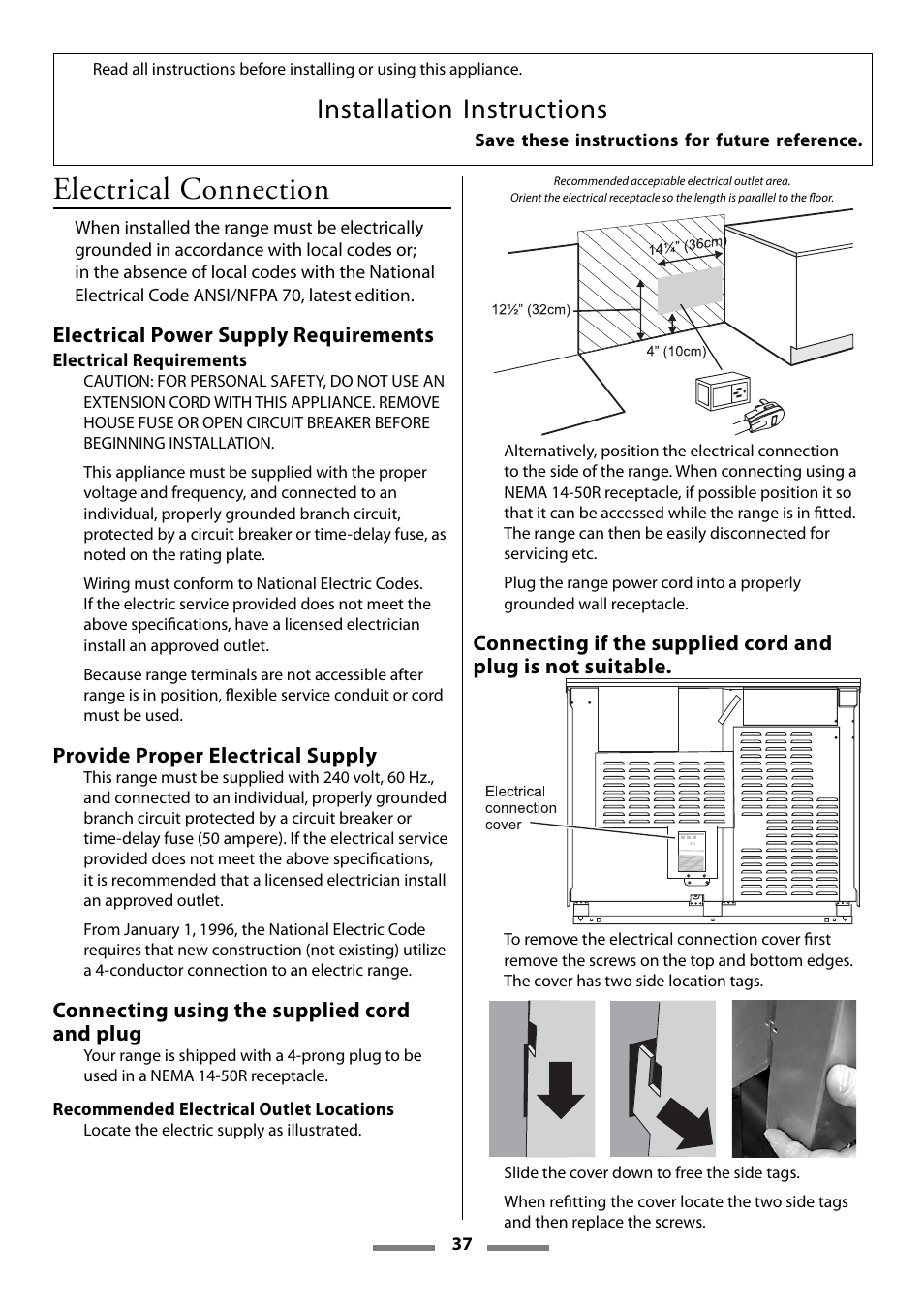 Electrical connection, Installation instructions | Aga Ranges Legacy 44 User Manual | Page 37 / 48