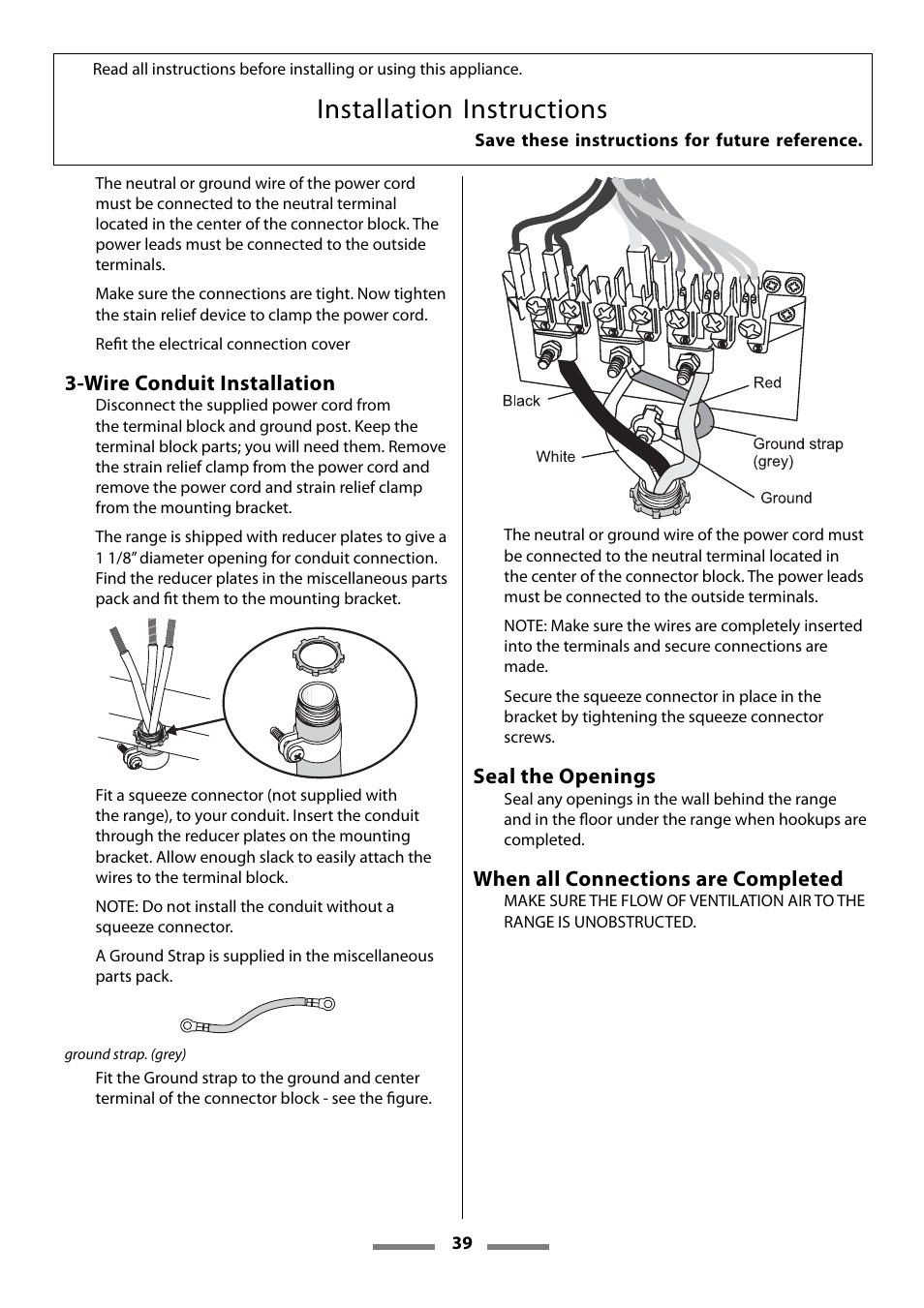 Installation instructions, Wire conduit installation, Seal the openings | When all connections are completed | Aga Ranges Legacy 44 User Manual | Page 39 / 48