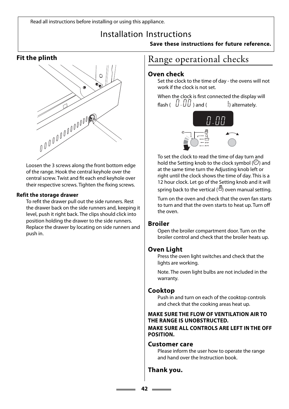 Range operational checks, Installation instructions | Aga Ranges Legacy 44 User Manual | Page 42 / 48