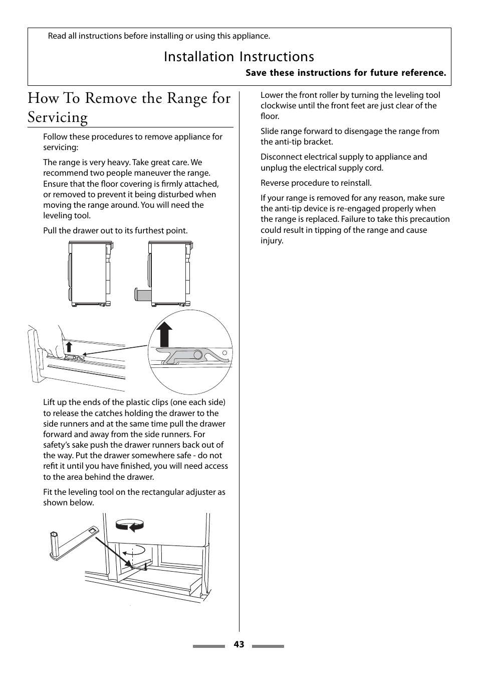 How to remove the range for servicing, Installation instructions | Aga Ranges Legacy 44 User Manual | Page 43 / 48