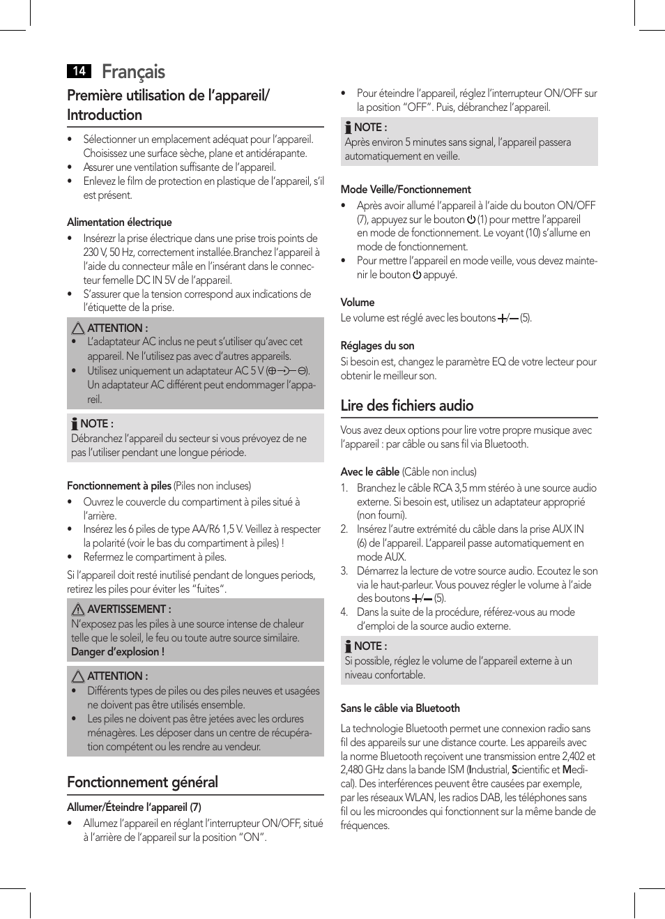 Français, Première utilisation de l’appareil/ introduction, Fonctionnement général | Lire des fichiers audio | AEG BSS 4800 User Manual | Page 14 / 46