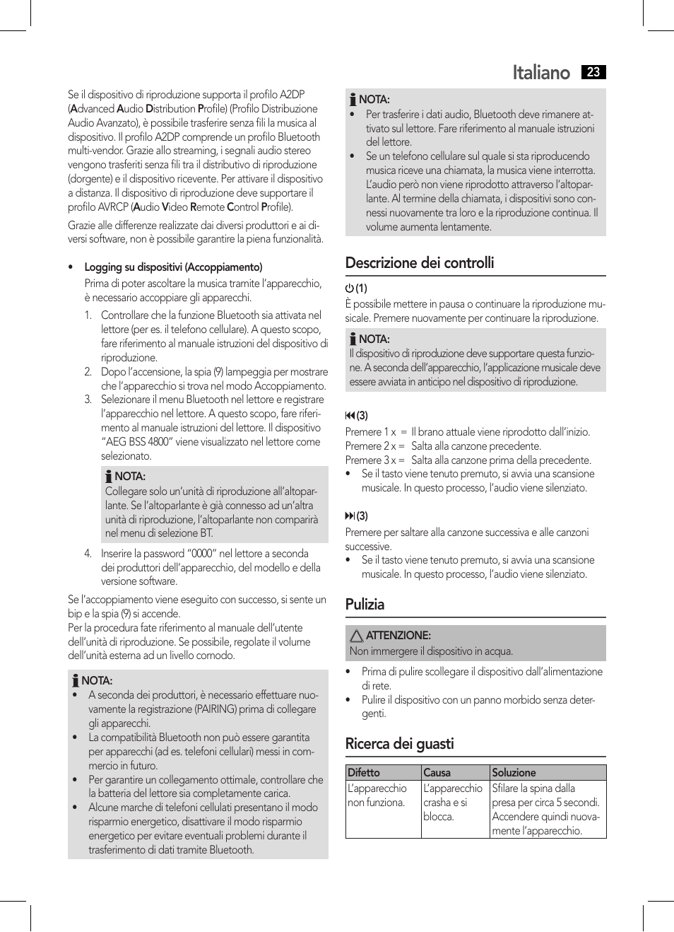 Italiano, Descrizione dei controlli, Pulizia | Ricerca dei guasti | AEG BSS 4800 User Manual | Page 23 / 46