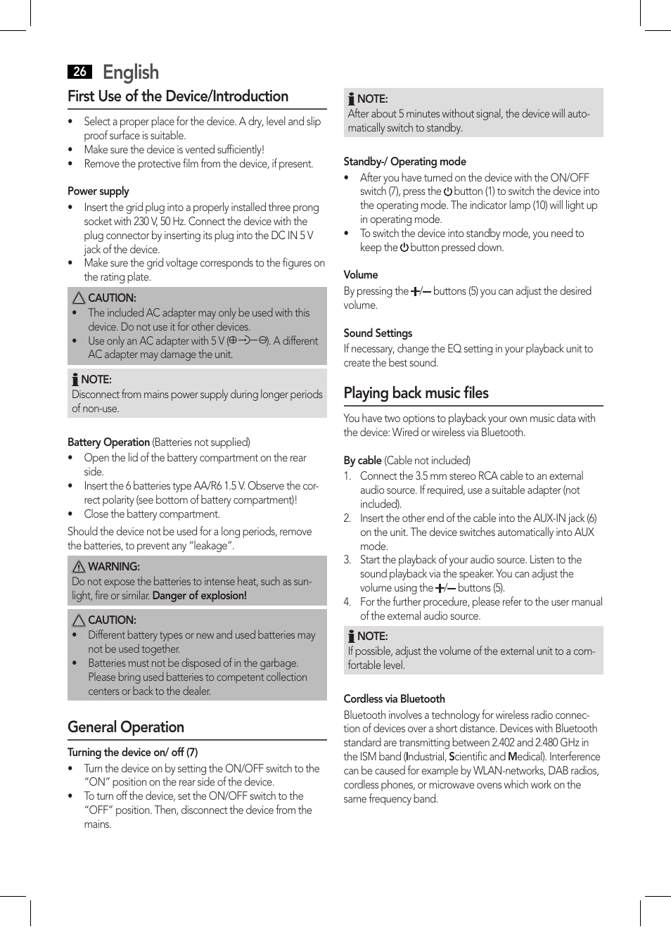 English, First use of the device/introduction, General operation | Playing back music files | AEG BSS 4800 User Manual | Page 26 / 46