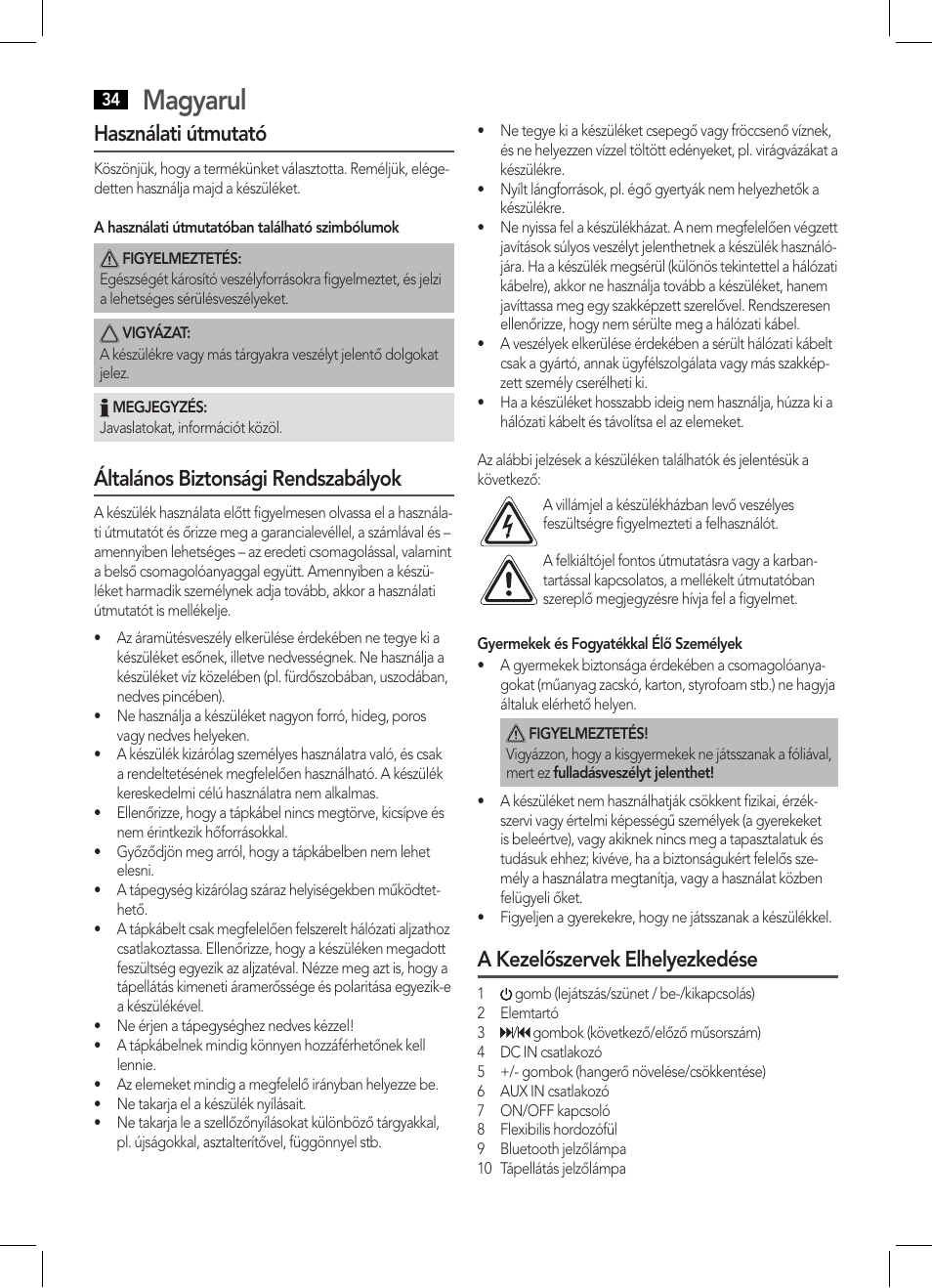 Magyarul, Használati útmutató, Általános biztonsági rendszabályok | A kezelőszervek elhelyezkedése | AEG BSS 4800 User Manual | Page 34 / 46