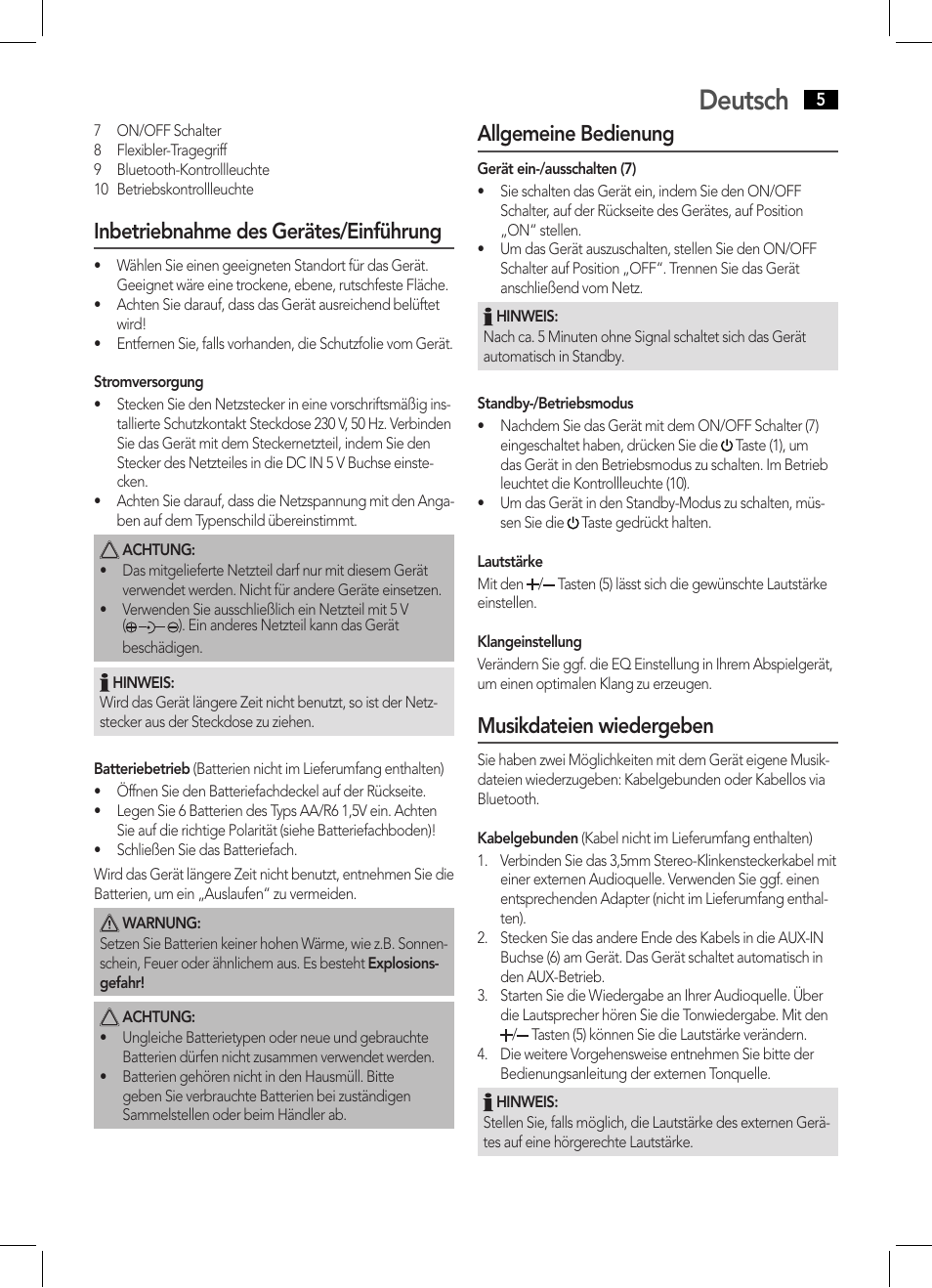Deutsch, Inbetriebnahme des gerätes/einführung, Allgemeine bedienung | Musikdateien wiedergeben | AEG BSS 4800 User Manual | Page 5 / 46