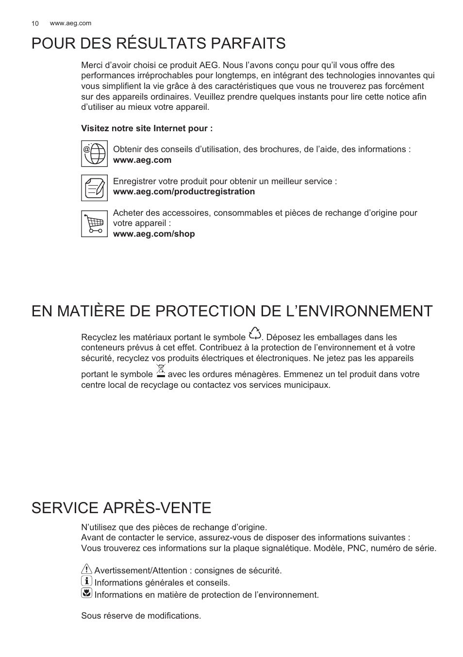 Pour des résultats parfaits, En matière de protection de l’environnement, Service après-vente | AEG X99464MK2 User Manual | Page 10 / 132