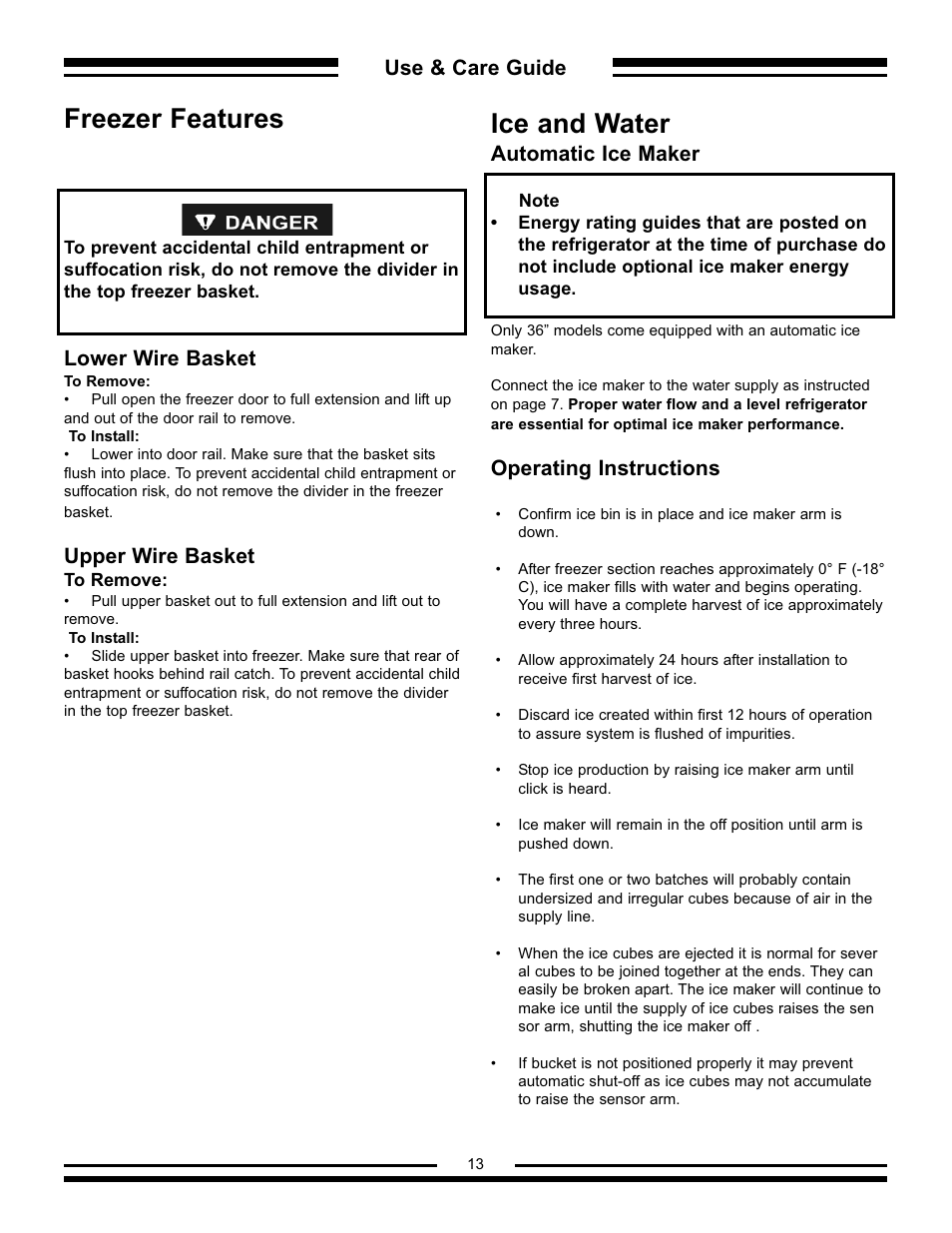Freezer features, Ice and water, Use & care guide | Lower wire basket, Upper wire basket, Automatic ice maker, Operating instructions | Aga Ranges AFHR-36 User Manual | Page 13 / 30