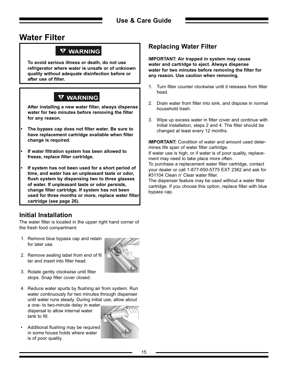Water filter, Use & care guide, Initial installation | Replacing water filter | Aga Ranges AFHR-36 User Manual | Page 15 / 30