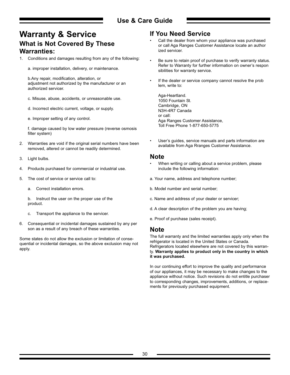 Warranty & service, Use & care guide, What is not covered by these warranties | If you need service | Aga Ranges AFHR-36 User Manual | Page 30 / 30